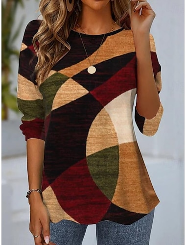 dames t-shirt modern casual geometrisch print lange mouw normaal tops ronde hals dagelijks wijn lichtbruin blauw oranje bruin herfst winter