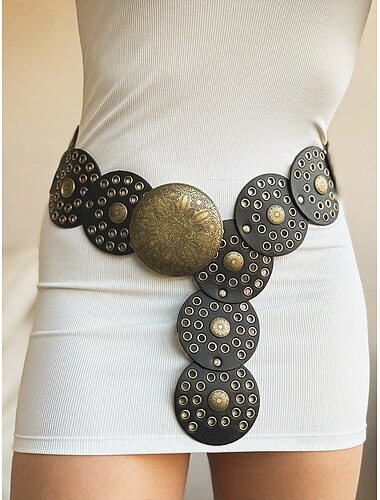  brauner Kunstledergürtel für Damen mit perforierten Kreisen und aufwendiger Metallschnalle - Modeaccessoire im Bohemian-Chic