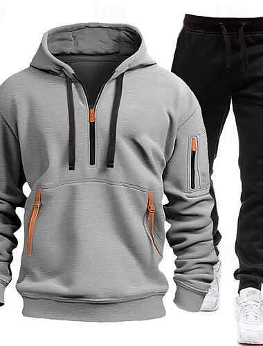  Voor heren Trui met capuchon Trainingspak sweatsuit Zwart Wit Marineblauw blauw Lichtgrijs Capuchon Halve rits Effen 2-stuks Sport & Outdoor Dagelijks Feestdagen Polyester Streetwear Casual Lente