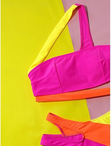  Damen Badeanzug Bikinis 2 Stück Cheeky-Bikinihose Bademode Rückenfrei Schlank Urlaub Strandbekleidung Farbblock Asymmetrischer Hals Ärmellos Badeanzüge