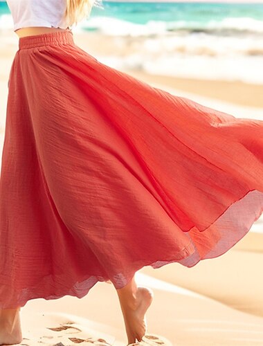  Femme Balançoire Jupe longue Décontractées Eté Maxi Taille haute Jupes Couleur Pleine Multirang Longue Vacances Casual Quotidien Bleu de paon Bleu Gingembre Orange Printemps été Mélange de Lin & Coton