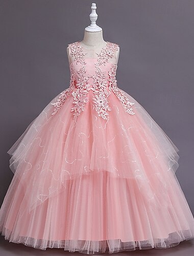  Blumenmädchenkleid Kinder Mädchen Prinzessinenkleid Leistung Hochzeit Party Elegant Schön Gitter Feste Farbe Ärmellos Rundhalsausschnitt Weiß Rosa 4 Jahre +