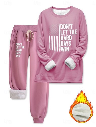  Damen 2-teiliges tägliches Sweatshirt und Fleece-Hosen langärmliges Crew-Neck Buchstaben-Zugbanddruck lässig rosa blau grau Herbst reguläre Passform