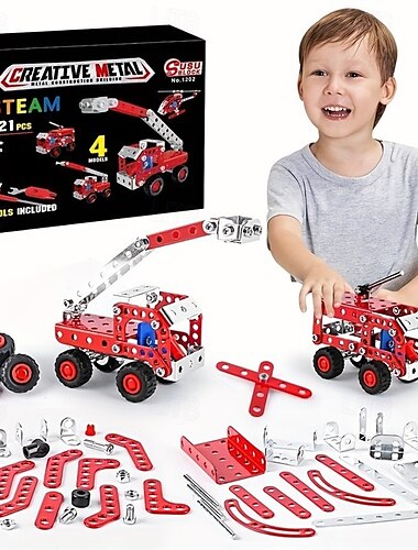  121 pièces 4 en 1 métal assemblé camion de pompiers en alliage modèle de voiture blocs de construction éducatifs jouets cadeaux de vacances idéaux