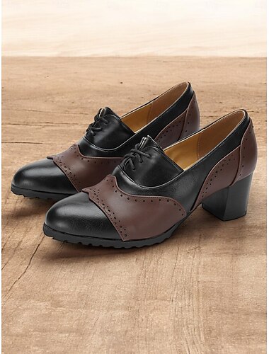 vintage-inspirerede tofarvede brogue oxfords i imiteret læder med blokhæl til kvinder - klassisk og behagelig til arbejde eller fritidstøj