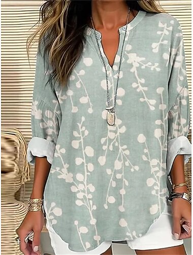  Damen Hemd Bluse Blumen Brautkleider schlicht Langarm Gekerbter Hals Normale Oberteile Täglich Bedruckt Weiß Blau Khaki Herbst Winter