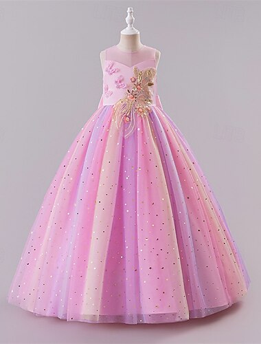  Blumenmädchenkleid Kinder Mädchen Prinzessinenkleid Leistung Hochzeit Party Elegant Schön Gitter Regenbogen Ärmellos Rundhalsausschnitt Rosa Blau 4 Jahre +