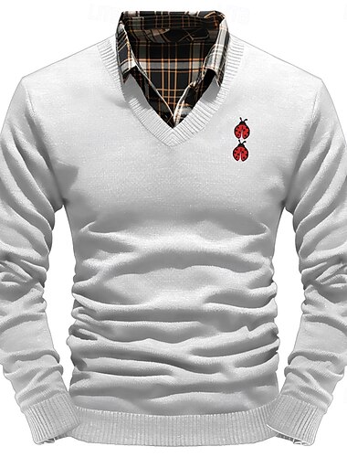  Navidad Hombre Escarabajos Suéter de punto Escote en Pico Casual Exterior Diario Suéter de Nochevieja Bordado Tejido en Punto Cálido Manga Larga Otoño Invierno Vino Negro Blanco