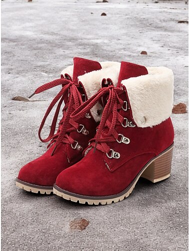  Botines de ante rojo con cordones para mujer, cuello de piel sintética y tacón de bloque: botas de invierno cálidas y elegantes para usar al aire libre
