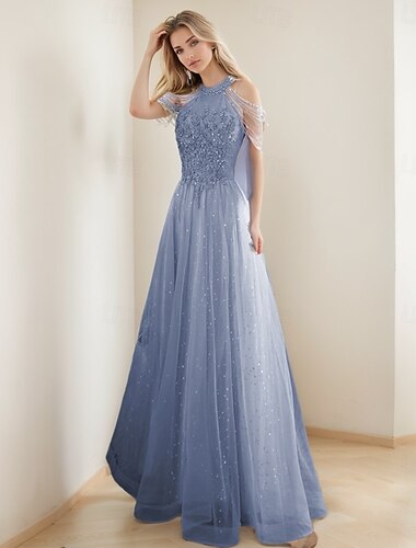  A-Linien-Ballkleider, Vintage-Kleid, formeller Ball, bodenlang, ärmellos, hoher Halsausschnitt, Tüll mit Glitzerquaste 2025