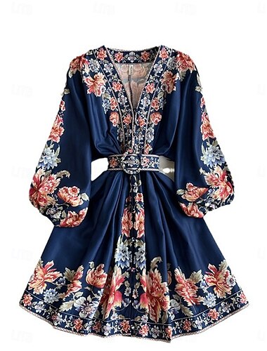 Damen Midikleid Casual kleid Schaukelkleid A Linie Kleid Boho-Kleid Vintage Brautkleider schlicht Täglich Regular Fit Blumen Langarm V Ausschnitt Dunkelblau Beige Frühling Herbst