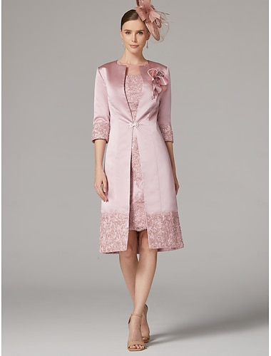  Korte Jurk Pak Moeder van de Bruid Jurk Vintage Plus Sizes Sieraad Hals Knie Lengte Satijn Kant 3/4 Lengte Mouw Jas Jurken met Aplicaties Derby Jurk Race Dag Jurk 2025