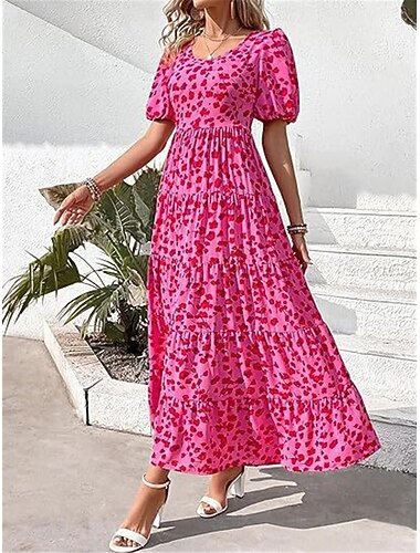  robe longue léopard à col ras du cou et manches courtes pour femme été printemps
