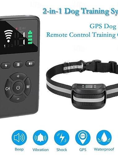  2 In 1 Outdoor Dog Pets GPS Fence & Training Collar Anti Runaway Wireless Boundary Containment Easy Setup Waterproof Rechargeabe