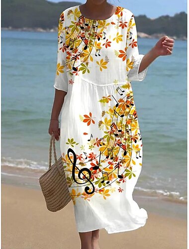  Damen Midikleid Baumwoll-Leinen-Kleider Freizeitkleid Lässig Täglich Normale Passform Blumen Dreiviertelarm Rundhalsausschnitt Weiß Orange Grün Sommer Frühling
