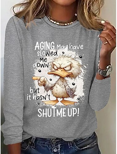  Maglietta donna manica lunga animale lettera casual maniche lunghe scollo rotondo top regolari quotidiani weekend stampa nera bianca grigia autunno inverno preautunno
