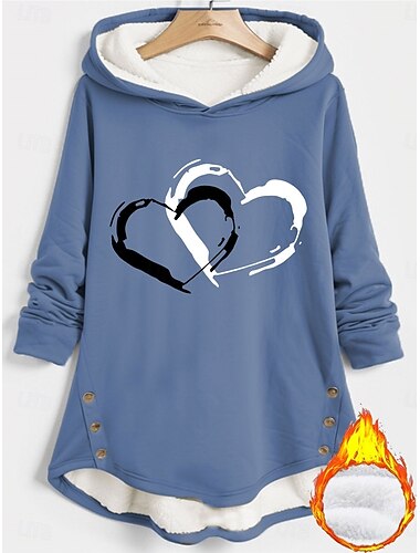  Valentinstag Damen Herz Hoodie Sweatshirt Freizeit Sherpa Herz Straße Tägliche Kleidung Kapuze Knöpfe Tasche Druck Lange Ärmel Rot Blau Grau Herbst Winter