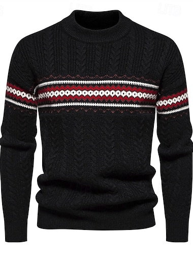  Herren Pullover Strickpullover Pullover mit Fair-Isle-Muster Gerippt Gedrehtes Stricken Standard Strick Farbblock Rundhalsausschnitt Modisch Basic Freizeitskleidung Verabredung Bekleidung Herbst