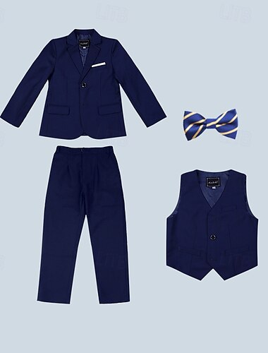  4 Stück Ring-Träger Anzug Jungen kinderkleidung Anzug Formeller Anzug Blazer & Weste & Hose & Krawatte Formal Party Valentinstag Modisch Cool Feste Farbe Tasche Schwarz Marineblau Polyester
