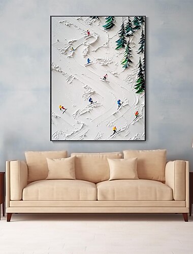  håndmaling 3d hvit snøfelt ski lerret håndmaling original skiløper gave personlig vinterdekor teksturert kniv maleri ski kunst hvit furu ramme klar til å henge eller ingen ramme