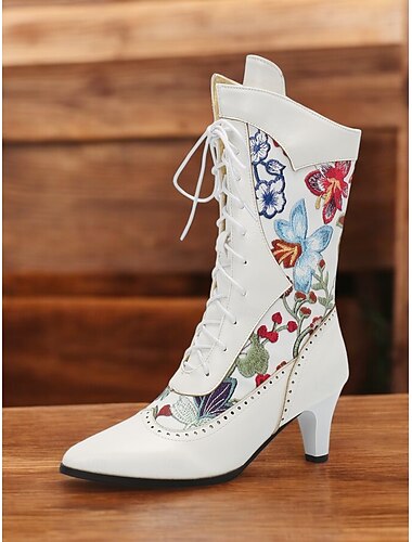  kvinners viktorianske blomsterbroderte snørestøvler med spiss tå og kattehæl – retro gotisk stil for cosplay, fester og daglig bruk