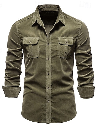  Voor heren Button-down overhemd Normaal shirt Corduroyshirt Marineblauw blauw Groen khaki Grijs Lange mouw Effen Kleur Strijkijzer Overhemdkraag Buiten Dagelijks Kleding Warm Dagelijks