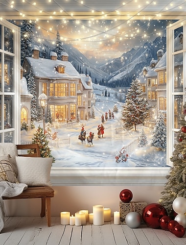  vánoční ozdoby závěsný gobelín pohled na okno nástěnné umění Vánoce velký gobelín nástěnná malba výzdoba fotografie pozadí přikrývka opona domácí ložnice dekorace obývacího pokoje