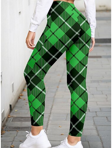  St. Patrick's Day Womens Leggings Hosen Karomuster Voll Länge Grün Herbst