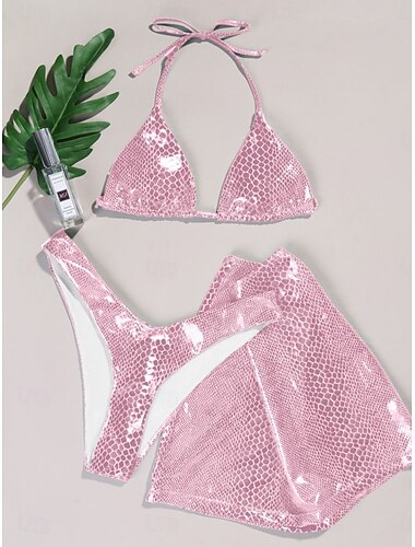  Damen Badeanzug Bikinis Drei Stück Rock Bademode Rückenfrei Schlank Urlaub Strandbekleidung Feste Farbe V Ausschnitt Ärmellos Badeanzüge