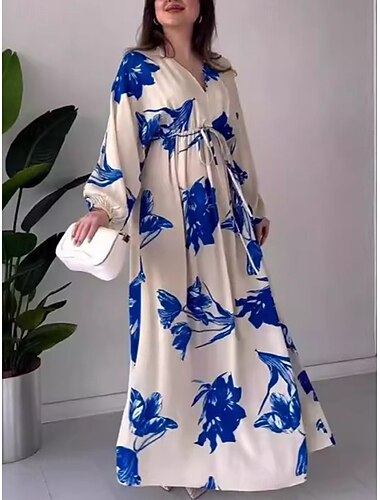  abito lungo da donna con scollo a V floreale manica lunga estate primavera