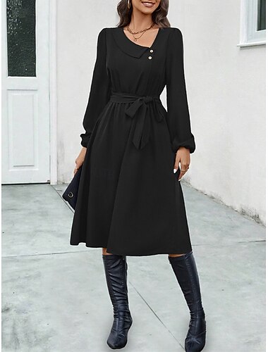  Damen Casual kleid Midikleid Knopf Angeschnallt Brautkleider schlicht V Ausschnitt Langarm Schwarz Farbe