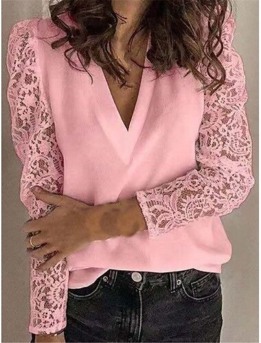  Wohnende weiße elegante Spitzenoberteile Augenbluse lässige einfarbige reguläre Oberteile Langarm V-Ausschnitt Spitzen-Patchwork reguläre Passform tägliche schwarze weiße rosa romantische kleine