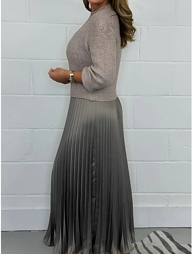  Damen Strickkleid Minikleid Gerippt Brautkleider schlicht Rundhalsausschnitt Langarm Khaki Farbe