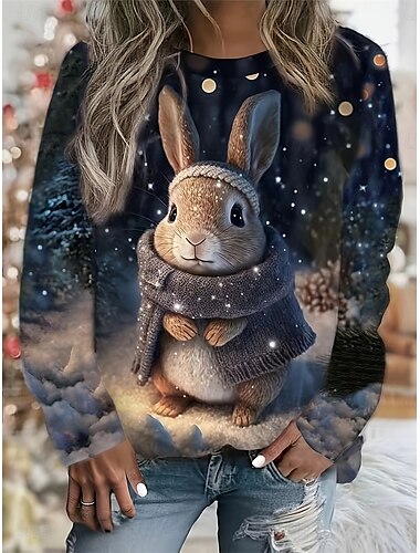  Sudadera de mujer con estampado de conejo para uso diario, informal, cuello redondo, manga larga, microelástica, otoño e invierno, cómoda, transpirable, tejido suave