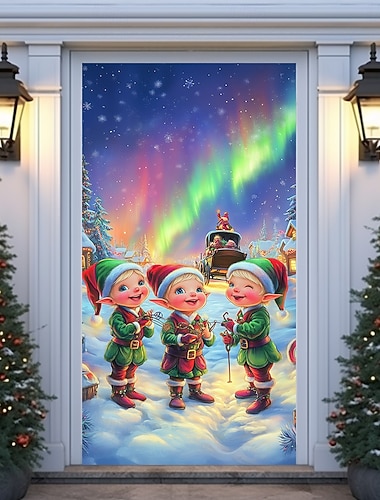  bannière de noël décorations de porte de Noël, couvertures de porte, tapisserie de porte d'elfe joyeux de Noël, , décoration de toile de fond, bannière de porte intérieure/extérieure pour porte