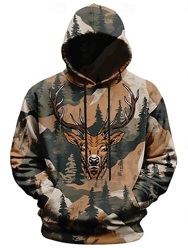  Per uomo Camouflage Cervo Felpe Soprabiti Felpa con cappuccio Girocollo Di tendenza Stampa 3D Per eventi Per uscire Abbigliamento di strada Verde militare A cordoncino Autunno Inverno progettista