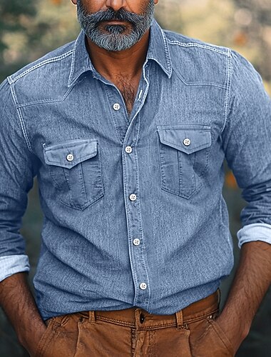  Herren Hemd Chambray-Hemd Calico-Hemd Lässiges Hemd Knopfhemd Jeanshemd Schwarz Marineblau Blau Leicht Blau Langarm Glatt Kragen Urlaub Täglich Bekleidung Modisch Brautkleider schlicht
