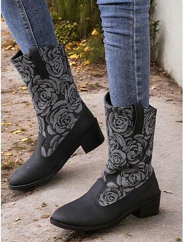  Schwarze Westernstiefel aus Denim und Kunstleder für Damen mit Blumenstickerei – halbhoher Cowboy-Stil für die Freizeit und den Outdoor-Bereich