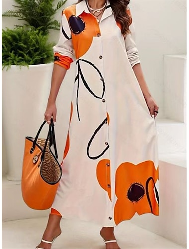 فستان ماكسي نسائي بأكمام طويلة وياقة قميص زهرية لفصل الربيع والخريف   فستان ماكسي نسائي بأكمام طويلة وياقة قميص زهرية لفصل الربيع والخريف