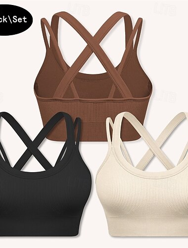  女性用 ライトサポート スポーツブラ ランニングブラ オープンバック クロスバック ブラトップ パッド入り フィットネス レジャースポーツ ランニング 高通気性 ライトウェイト ソフト 黒＋白＋グレー 黒+白+バラ 黒+白+緑 ソリッド