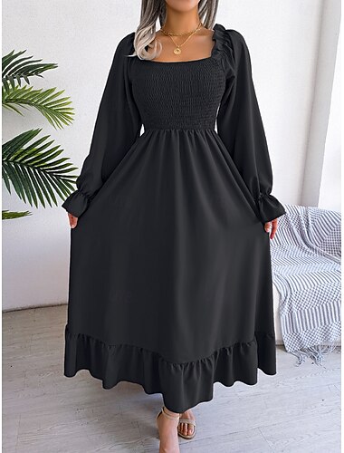 Damen Vintage-Kleid Midikleid Patchwork Drapiert Elegant Ausgefallene Quadratischer Ausschnitt Langarm Schwarz Rote Grün Farbe