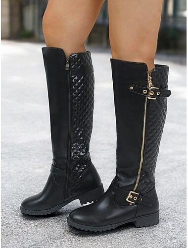  Schwarze kniehohe Reitstiefel für Damen mit gesteppter Rückseite und goldenem Reißverschluss – stilvolles, vom Reitsport inspiriertes Winterschuhwerk