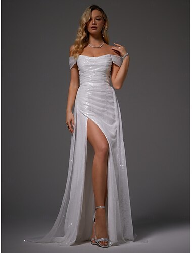  Vestido de noche elegante de sirena, vestido de novia para invitados de boda, fiesta de graduación, cola larga hasta el suelo, manga corta, hombros descubiertos, otoño, recepción de boda, satén con