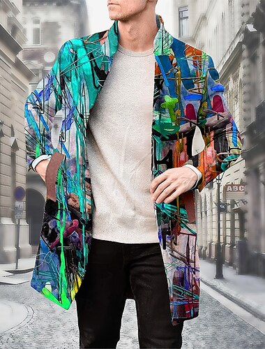  Herren Ölgemälde Wintermantel Fleecejacke Mantel Thermik Komfortabel Künstlerisch Brautkleider schlicht Party Freizeitskleidung Knopf 3D-Druck Vordertasche Winter Umlegekragen Langarm Gelb Blau Purpur
