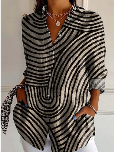  Dames Overhemd Katoenen linnen overhemden Knoop omhoog Blouse Bloemig Geometrisch Basic Casual Lange mouw Overhemdkraag Normale tops Dagelijks Knop Afdrukken Wit Leger Groen Rood Khaki Grijs Herfst