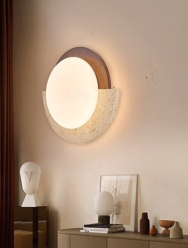  Wabi-Sabi-Wandlampe aus gelbem Kalkstein, Lampenschirm aus milchig-weißem Glas, Wandlampe aus Naturstein, kreisförmige Retro-Wandlampe aus Marmor für den Innenbereich, 110–240 V, 20 W