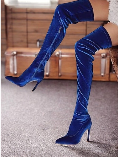  cuissardes en velours bleu roi pour femme avec talons aiguilles – design audacieux et sophistiqué au-dessus du genou pour une tenue de soirée glamour