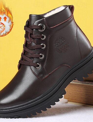 Botines de invierno con cordones para hombre con forro de piel sintética, suela resistente antideslizante y parte superior de cuero impermeable: ideales para usar al aire libre en climas fríos.