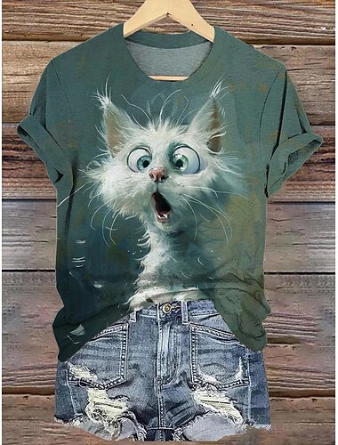  Femme T shirt Chat Décontractées Manche Courte Col Rond Hauts réguliers du quotidien Imprimer Vert Eté
