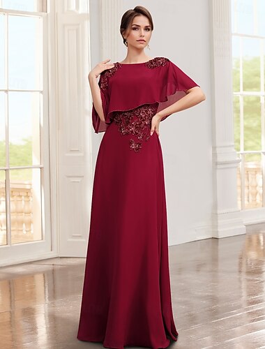 A-Linien-Kleid, elegantes Kleid für die Mutter der Braut, Rundhalsausschnitt, bodenlang, Chiffon, Spitze, halbe Ärmel, mit Applikationen, einfarbig, 2025